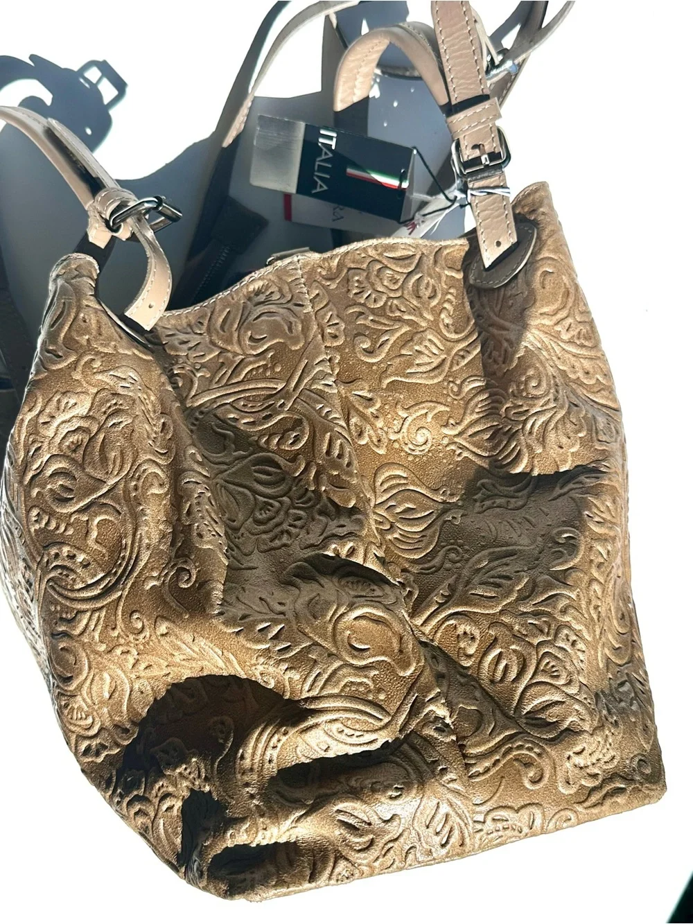 NWT Isadora Italy Tooled Genuine Leather Large Satchel Bag in Tan